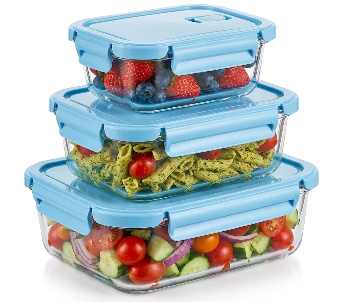 Glass Food Storage Containers with Locking Lids, 3 Piece Set - Airtight Leakproof Meal Prep Containers, Microwave, Oven, Freezer & Dishwasher Safe (Blue) — main image