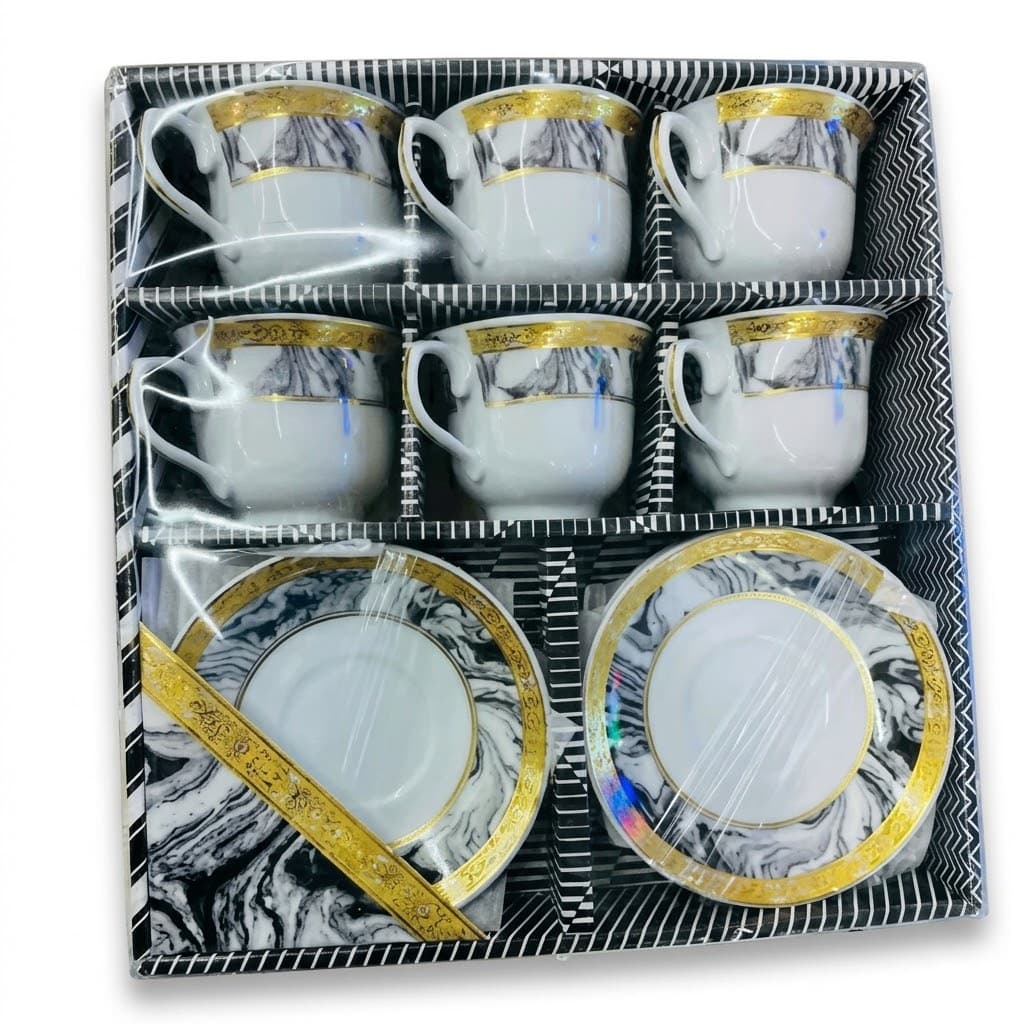 Gold Marble Coffee Cup & Saucer Set – 6 Cups